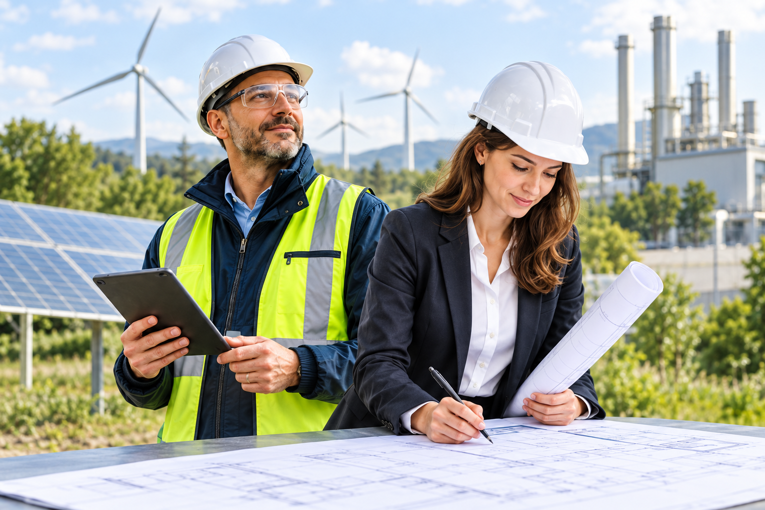 Due professionisti dell’energia con tablet e disegni tecnici, tra fotovoltaico e impianti industriali